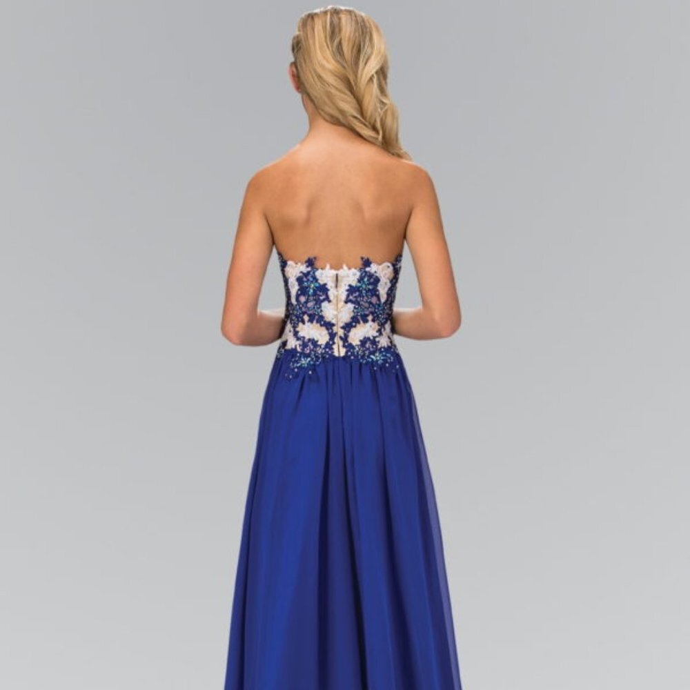 NEW LONG SLEEVELESS A-LINE STRAPLESS DRESS EMBROIDERED WITH RHINESTONES GL2050 - Picture 4 of 10
